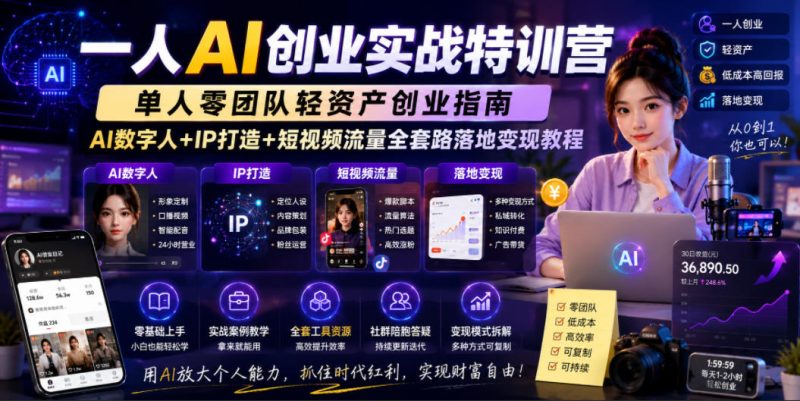 一人AI创业实战特训营，单人零团队轻资产创业指南，AI数字人+IP打造+短视频流量全套路落地变现教程-主题测试