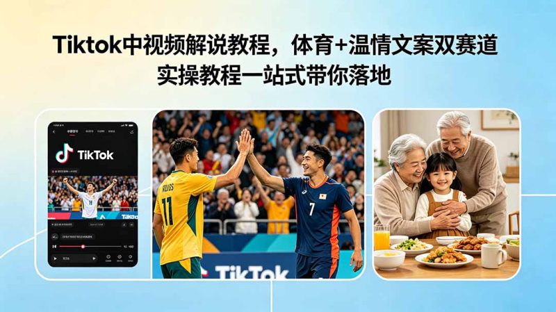 Tiktok中视频解说教程,体育+温情文案双赛道实操教程一站式带你落地-主题测试