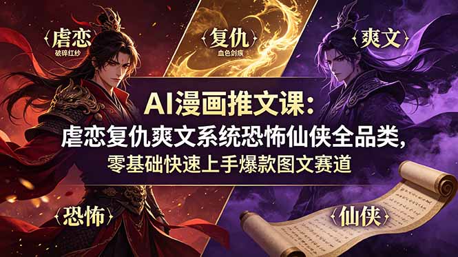 AI漫画推文课：虐恋复仇爽文系统恐怖仙侠全品类，零基础快速上手爆款图文赛道-主题测试