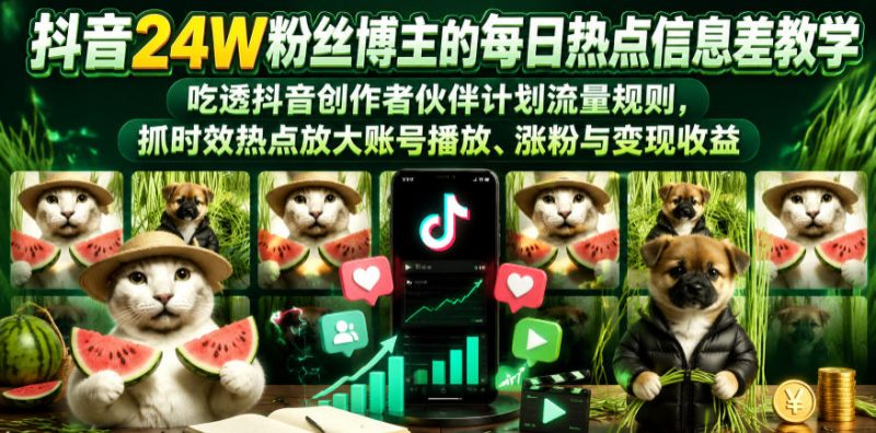 抖音24W粉丝博主的每日热点信息差教学，吃透创作者伙伴计划流量规则，抓时效热点放大账号播放、涨粉与变现收益(更新)-主题测试