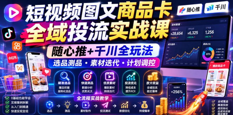 短视频图文商品卡全域投流实战课，随心推+千川全玩法，选品测品・素材迭代・计划调控，提升ROI爆单增收教程-主题测试