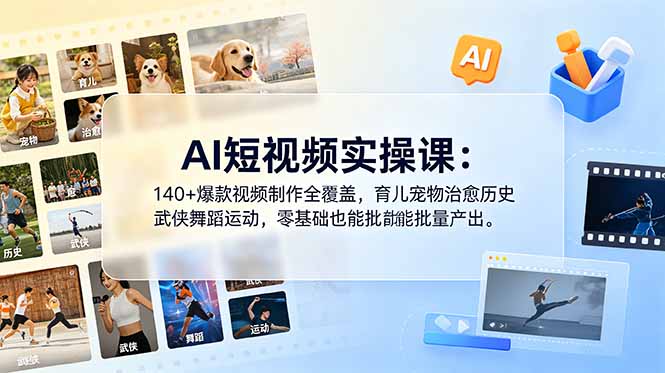 AI短视频实操课：140+爆款视频制作全覆盖，育儿宠物治愈历史武侠舞蹈运动，零基础也能批量产出-主题测试