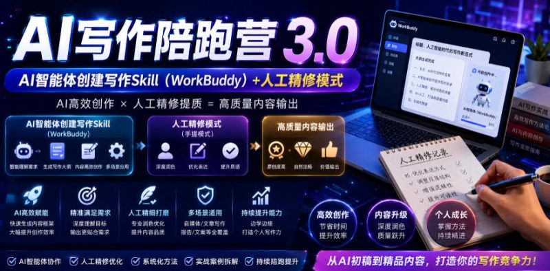 AI写作陪跑营3.0，Ai智能体创建写作skill(workbuddy)+人工手写模式(手搓模式)，去除AI痕迹(头条号、公众号、百家号)-主题测试