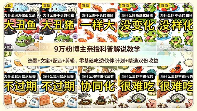9w粉博主亲授科普解说教学：选题+文案+配音+剪辑，零基础吃透伙伴计划+精选双份收益-主题测试