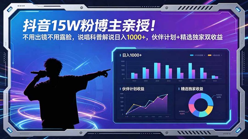 抖音15W粉博主亲授！不用出镜不用露脸，说唱科普解说日入1000+，伙伴计划+精选独家双收益-主题测试