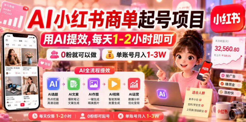 AI小红书商单起号项目，用AI提效,每天1-2小时即可，0粉就可以做，单账号月入1-3W-主题测试