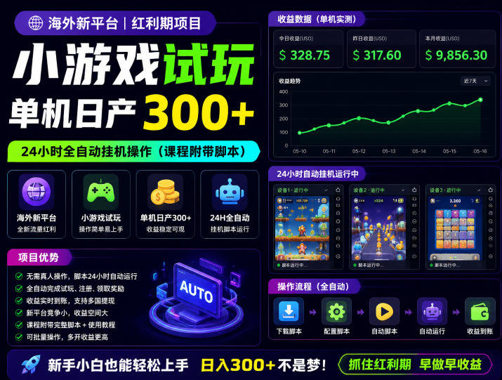 海外新平台，小游戏试玩，单机日产300+，24小时全自动挂G操作(课程附带脚本)【揭秘】-主题测试