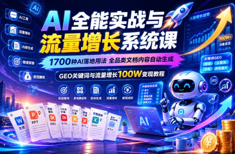 AI全能实战与流量增长系统课，1700种AI落地用法，全品类文档内容自动生成，GEO关键词与流量增长100W变现教程-主题测试