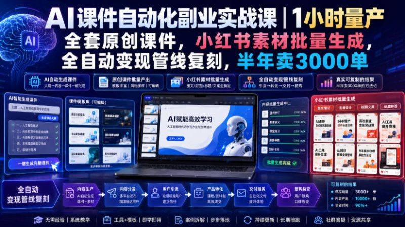 AI课件自动化副业实战课｜1小时量产全套原创课件，小红书素材批量生成，全自动变现管线复刻，半年卖3000单-主题测试