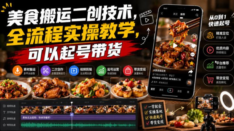 美食搬运二创技术，全流程实操教学，可以起号带货-主题测试