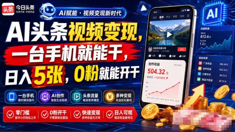 AI头条视频变现，一台手机就能干，日入5张，0粉就能开干-主题测试