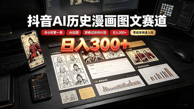 抖音AI历史漫画图文赛道：半小时更一条×AI出图×邪修过伙伴计划×日入300+，零成本快速入局-主题测试