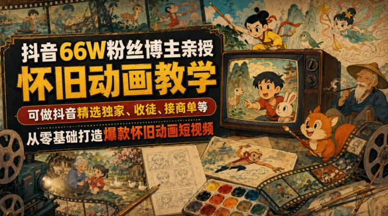 抖音66W粉丝博主亲授怀旧动画教学，可做抖音精选独家、收徒、接商单等，从零基础打造爆款怀旧动画短视频-主题测试