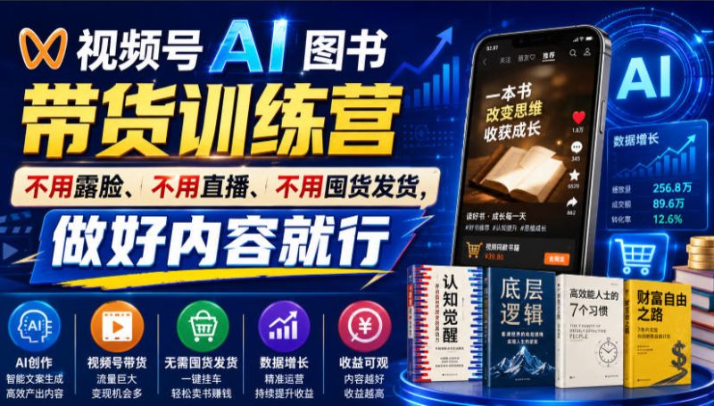 视频号AI图书带货训练营，不用露脸、不用直播、不用囤货发货，做好内容就行，一条爆款视频佣金8942-主题测试