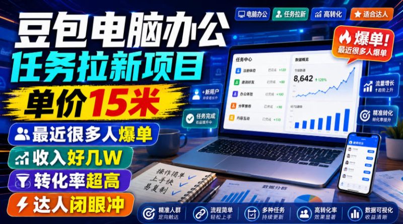 豆包电脑办公任务拉新项目，单价15米，最近很多人爆单，收入好几W，转化率超高，达人闭眼冲！-主题测试