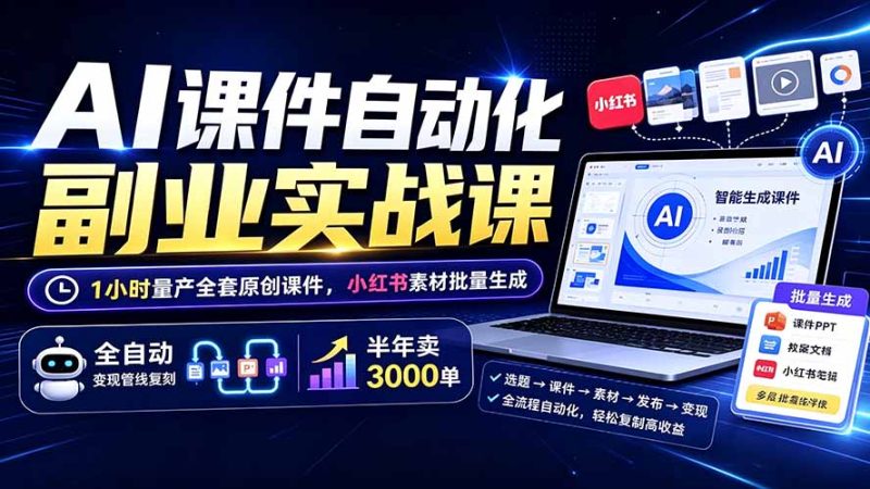AI课件自动化副业实战课：1小时量产全套原创课件×小红书素材批量生成×全自动变现管线×半年卖3000单-主题测试