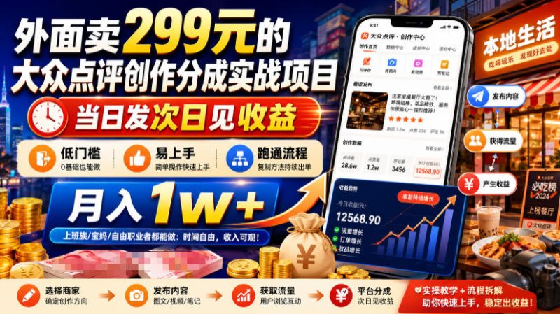 外面卖299元的大众点评创作分成实战项目，当日发次日见收益，低门槛易上手，跑通流程月入1w+-主题测试