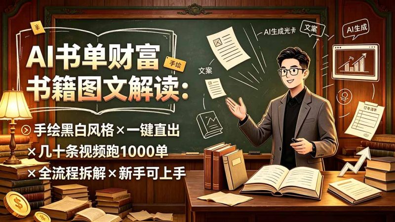 AI书单财富书籍图文解读：手绘黑白风格×一键直出×几十条视频跑1000单×全流程拆解×新手可上手-主题测试