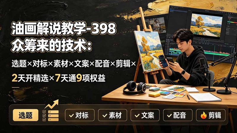 油画解说教学-398众筹来的技术：选题×对标×素材×文案×配音×剪辑×2天开精选×7天通9项权益-主题测试