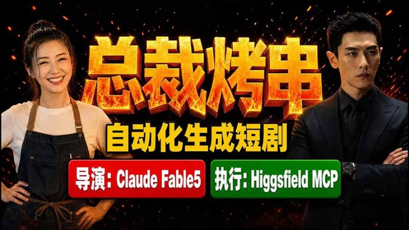 《总裁烤串》真人短剧全自动诞生！Claude Fable5 当导演，Higgsfield MCP 执行！-主题测试