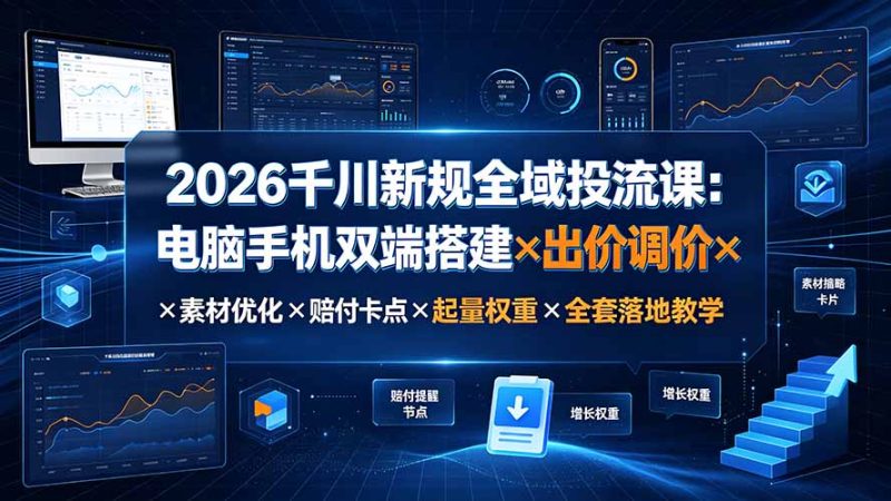 2026千川新规全域投流课：电脑手机双端搭建×出价调价×素材优化×赔付卡点×起量权重×全套落地教学-主题测试